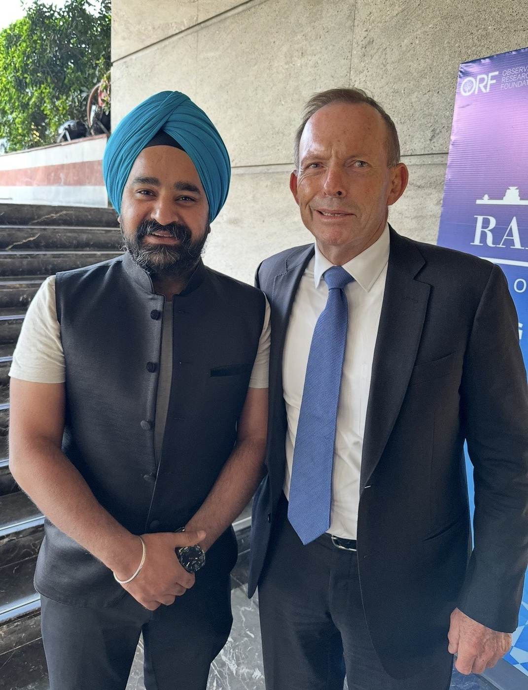 Raj Pahwa with Tony Abbott at an Observer Research Foundation event