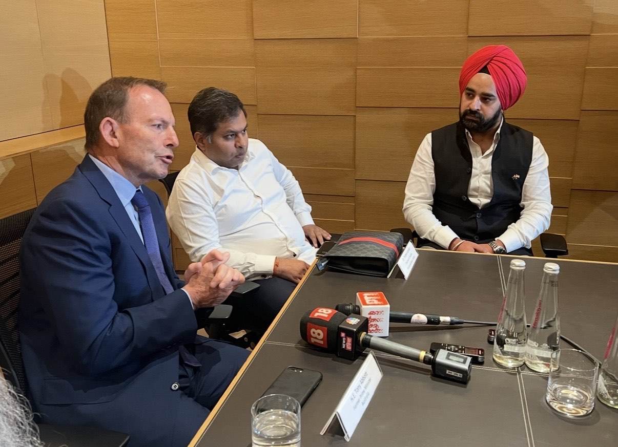 Raj Pahwa at a press roundtable with former Australian Prime Minister Tony Abbott
